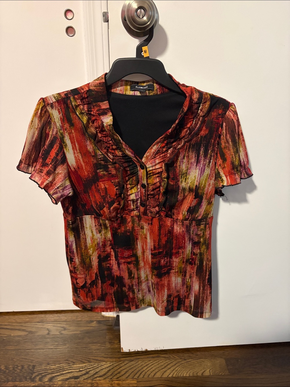 ELLE Red and Black Abstract Ruffle V-Neck Blouse